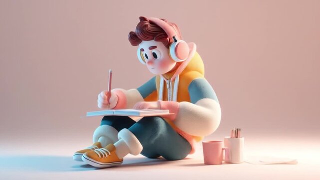 3D cartoon character Studying videos