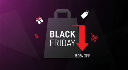 Black friday sale with shopping bag, gift and cart isolated on purple