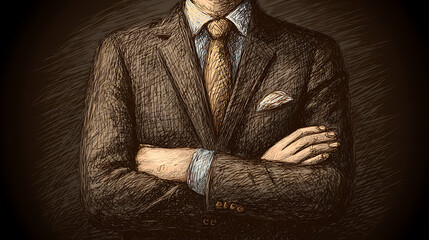 A man in a suit and tie is shown with his arms crossed
