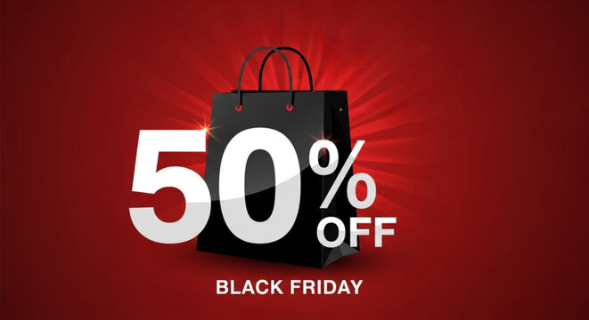 Black friday 50 off sale promotion with shopping bag on red background
