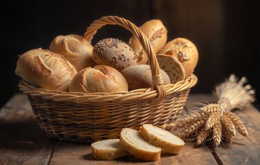 A warm, rustic basket filled with assorted freshly baked bread rolls and slices, surrounded by golden wheat stalks on a wooden table  evoking comfort, tradition, and the simple joy of homemade baking.