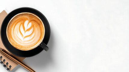 A black coffee cup with a white swirl on top sits on a table next to a notebook