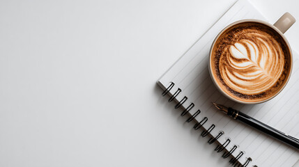 A cup of coffee sits on a white notebook with a pen