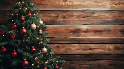 Stunning Christmas tree adorned with warm lights and elegant red and gold baubles against a rustic wooden backdrop for festive holiday marketing.