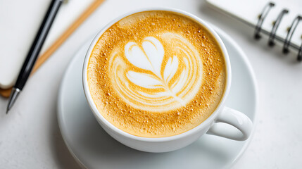 A cup of coffee with a heart shaped swirl on top