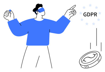 Man in VR headset gesturing with hand near GDPR and a falling coin. Ideal for data privacy, compliance, technology, cyber security, virtual reality, finance, and legal awareness. Simple flat metaphor
