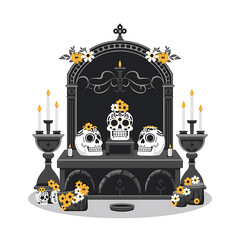 A Day of the Dead altar features skulls, candles, and flowers against a dark, decorative backdrop.
