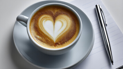 A cup of coffee with a heart design on it sits on a white plate