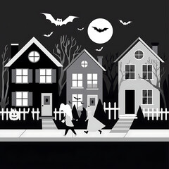 A grayscale illustration depicts a Halloween scene of trick-or-treating in a suburban neighborhood at night.
