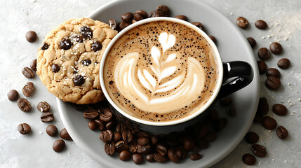 A cup of coffee with a cookie on top of it