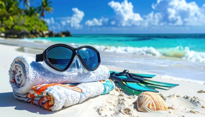 Tropical Paradise Beach Scene With Snorkel Gear And Towels Laid Out On White Sand With Turquoise Water And Green Palm Trees In The Background Under A Bright Blue Sky