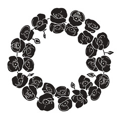 A circular arrangement of stylized, black floral elements creates a minimalist, graphic design.