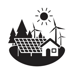 A black and white illustration depicts a sustainable energy scene with solar panels, wind turbines, and a house.