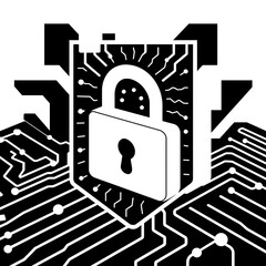 A black and white graphic depicts a padlock at the center of a circuit board design.