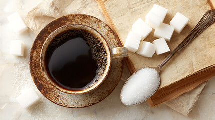 A cup of coffee with sugar on a table next to a book