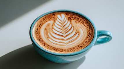 A cup of coffee with a leaf design on top