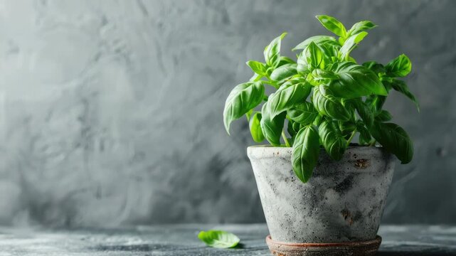 Basil plant in weathered pot against textured background