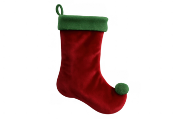 Hanging christmas stocking with red velvet and green cuff, traditional holiday celebration decoration on transparent background