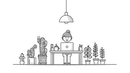 A woman is sitting at a desk with a laptop and a cup of coffee