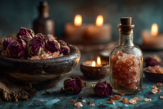 Concept of spa treatment with roses. Dry flowers in a bowl, crystals of sea pink salt in bottle, candles as decor. Atmosphere of relax, anti-stress and detox prosedure. Luxury lifestyle.