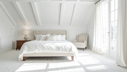 white bedroom, white walls, interior design, comfortable bed, bedding, windows, elegant, lovely, ceiling, pillows, nightstands, pottery barn, style, traditional decor, contemporary