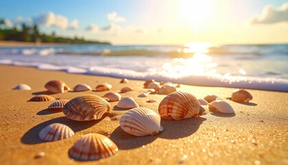 Obraz premium Sunlit Beach Sand with Seashells and Gentle Waves at Golden Hour with Tropical Trees in Background