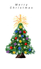 christmas tree with gifts, Vibrant Christmas tree on a white background, decorated with colorful baubles and white snowflakes, topped with a large golden star-firework, creating a festive, high-contra