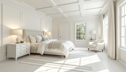 white bedroom, white walls, interior design, comfortable bed, bedding, windows, elegant, lovely, ceiling, pillows, nightstands, pottery barn, style, traditional decor, contemporary
