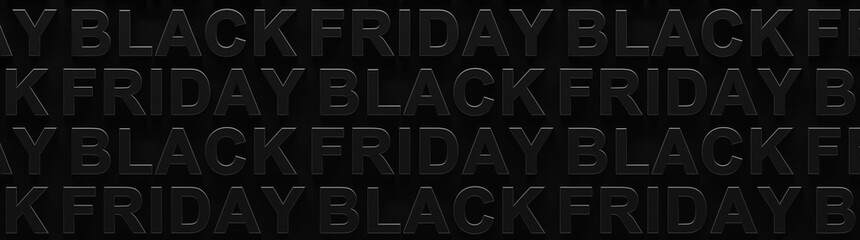Repeating pattern of Black Friday text with dark shadows on black background. 3d render graphic of Black Friday text. Dark shadowy Black Friday sales, announcement, or advertisement for Black Friday.
