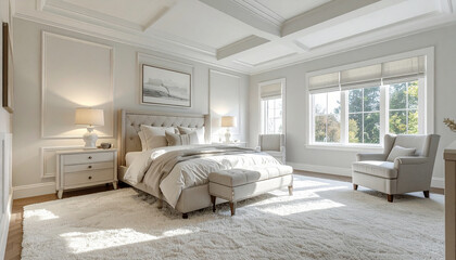 white bedroom, white walls, interior design, comfortable bed, bedding, windows, elegant, lovely, ceiling, pillows, nightstands, pottery barn, style, traditional decor, contemporary