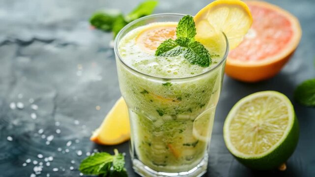 Refreshing green smoothie with citrus, mint, and ice in glass
