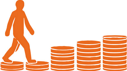 A man is walking up a series of orange coins