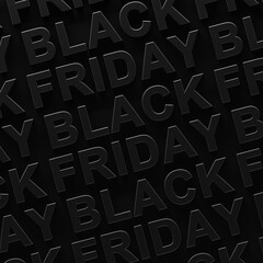 Repeating pattern of Black Friday text with dark shadows on black background. 3d render graphic of Black Friday text. Dark shadowy Black Friday sales, announcement, or advertisement for Black Friday.