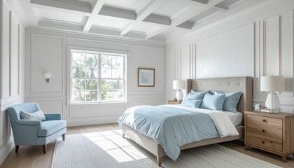 bedroom, soft baby blue, doors, windows, white, coffered beamed ceiling, bed, headboard, quilt, comforter, pictures, wood floors, cozy, comfortable, interior design