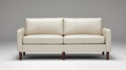 A white leather couch with a brown frame