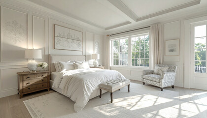 white bedroom, white walls, interior design, comfortable bed, bedding, windows, elegant, lovely, ceiling, pillows, nightstands, pottery barn, style, traditional decor, contemporary
