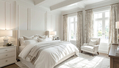 white bedroom, white walls, interior design, comfortable bed, bedding, windows, elegant, lovely, ceiling, pillows, nightstands, pottery barn, style, traditional decor, contemporary