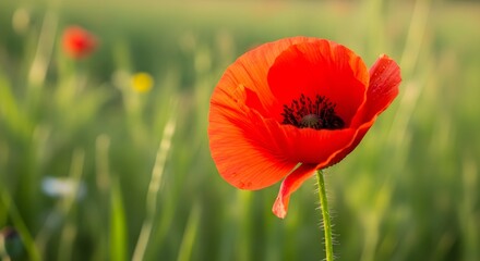 Obraz premium Vibrant Red Poppy Flower Blossom in Green Field