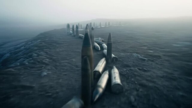 Row of large bullets on rocky landscape with fog, ammo concept, war