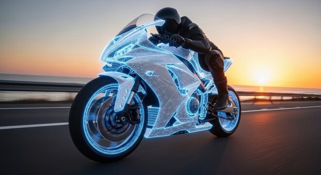 Two people riding a futuristic motorcycle with glowing blue lights on a scenic road at sunset