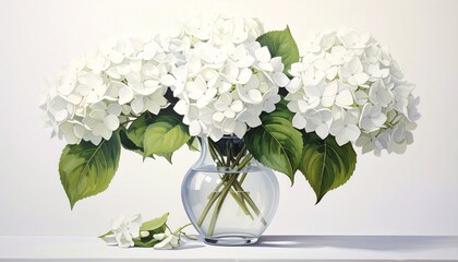 white hydrangeas, vast, painting, watercolor, still life, green, leaves, leaf, ambient, wall art
