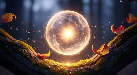 Glowing Orb of Energy on Mossy Branch in Forest at Night