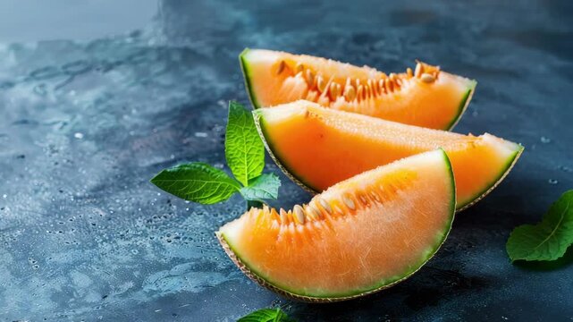 Sliced cantaloupe melon on textured dark blue surface
