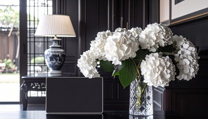white hydrangeas, ambient, glass vase, flower arrangement, interior design, traditional decor, window, elegant, lamp, light, black walls, house, home, interiors, lighting