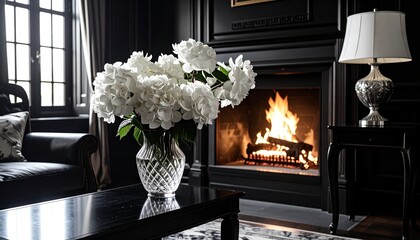 white hydrangeas, ambient, glass vase, flower arrangement, interior design, traditional decor, window, elegant, lamp, light, black walls, house, home, interiors, lighting