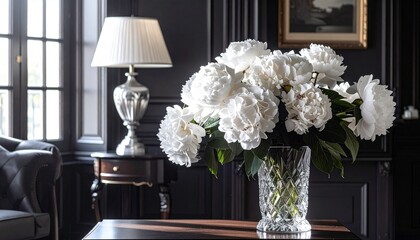white hydrangeas, ambient, glass vase, flower arrangement, interior design, traditional decor, window, elegant, lamp, light, black walls, house, home, interiors, lighting