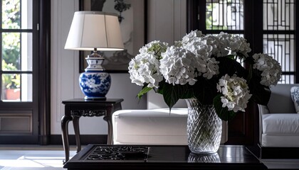 white hydrangeas, ambient, glass vase, flower arrangement, interior design, traditional decor, window, elegant, lamp, light, black walls, house, home, interiors, lighting