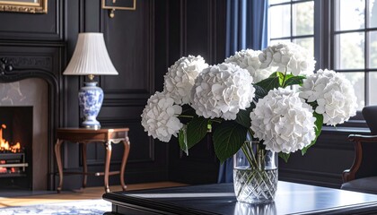 white hydrangeas, ambient, glass vase, flower arrangement, interior design, traditional decor, window, elegant, lamp, light, black walls, house, home, interiors, lighting