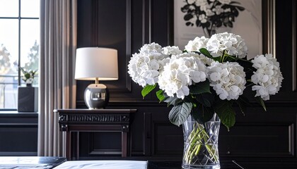 white hydrangeas, ambient, glass vase, flower arrangement, interior design, traditional decor, window, elegant, lamp, light, black walls, house, home, interiors, lighting