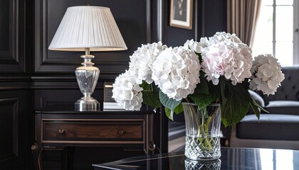 white hydrangeas, ambient, glass vase, flower arrangement, interior design, traditional decor, window, elegant, lamp, light, black walls, house, home, interiors, lighting